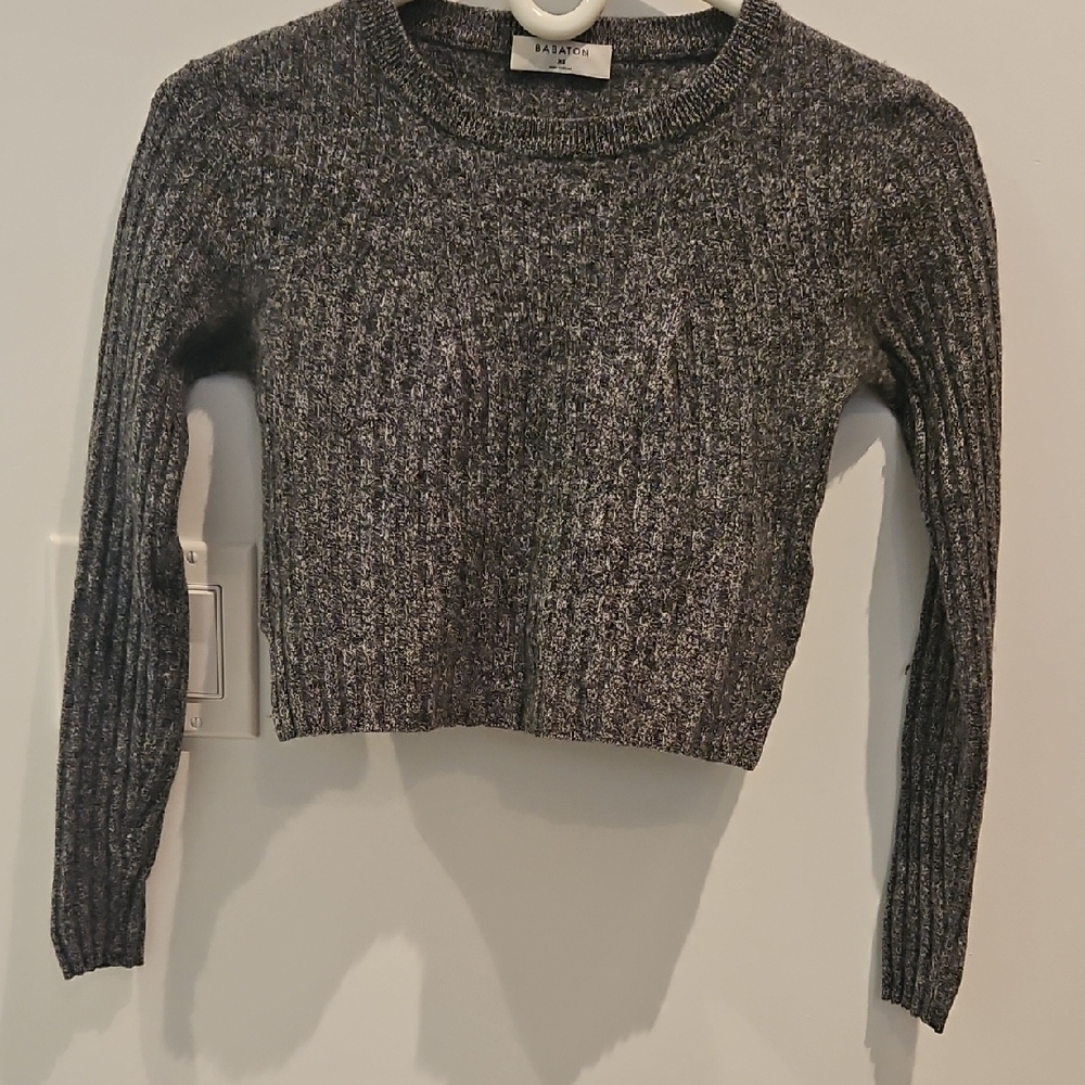 Aritzia BABATON Knit Cropped Sweater Wool Linen Ribbed Grey L/S Womens XS